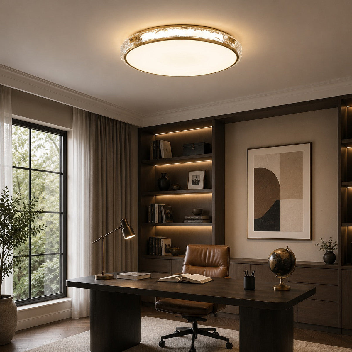Modern Flush Mount Ceiling Light — Copper Trim, Glass Diffuser, Soft Ambient Glow
