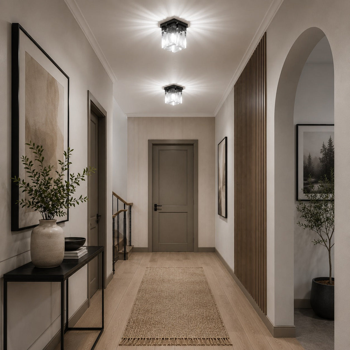 Moderne geometrisk flad loftslampe - kobber- og jernramme, tekstureret glas, LED-stemningslys
