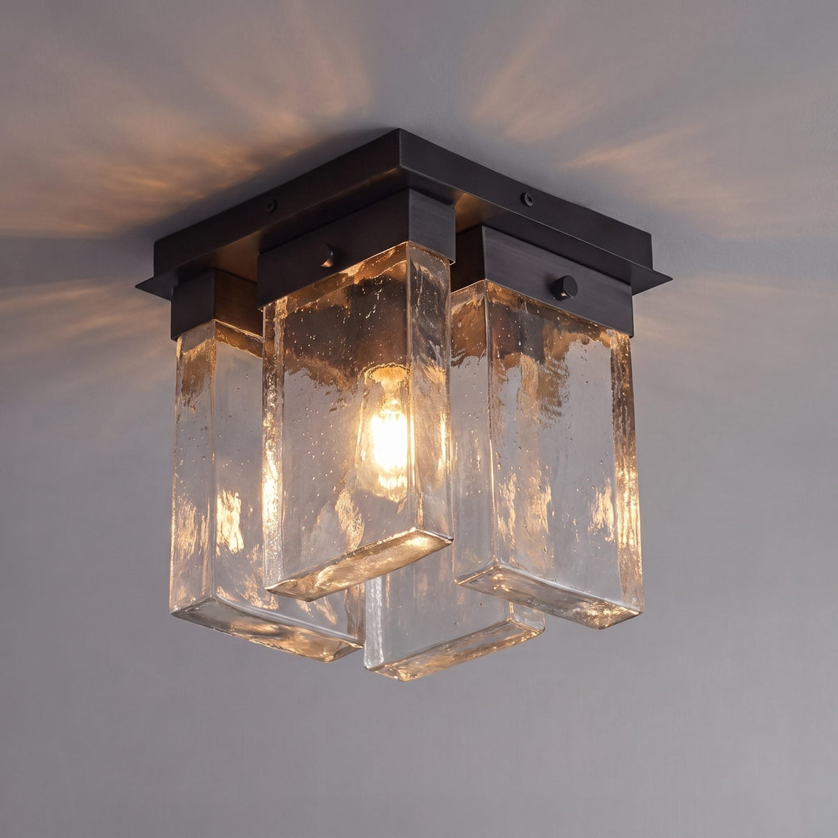 Moderne geometrisk flad loftslampe - kobber- og jernramme, tekstureret glas, LED-stemningslys