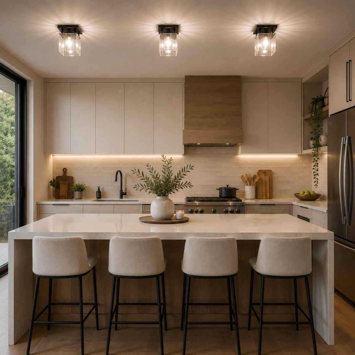Moderne geometrisk flad loftslampe - kobber- og jernramme, tekstureret glas, LED-stemningslys