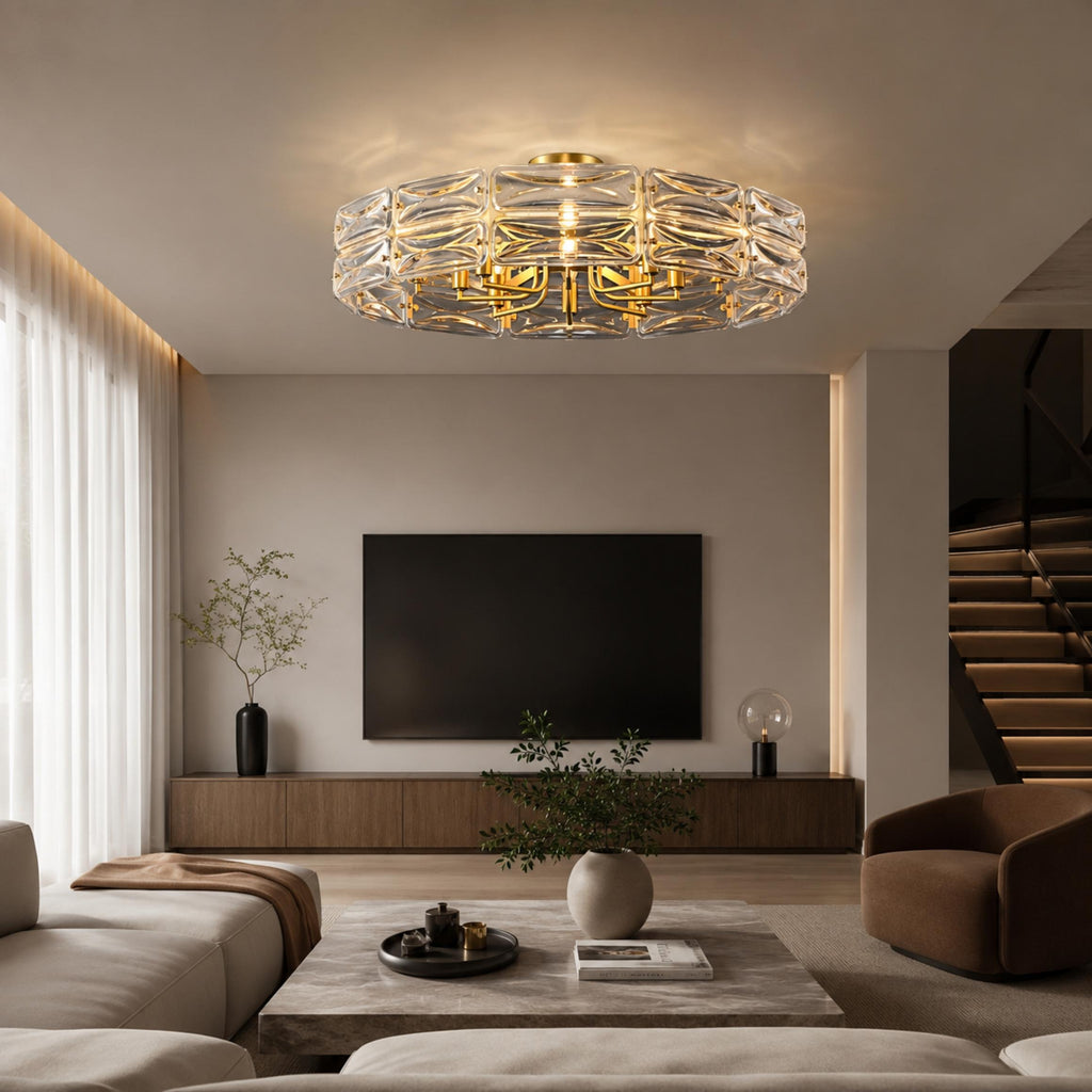 Flush Mount Ceiling Light — Geometric Glass Shade, Copper Frame, Modern Ambient Lighting