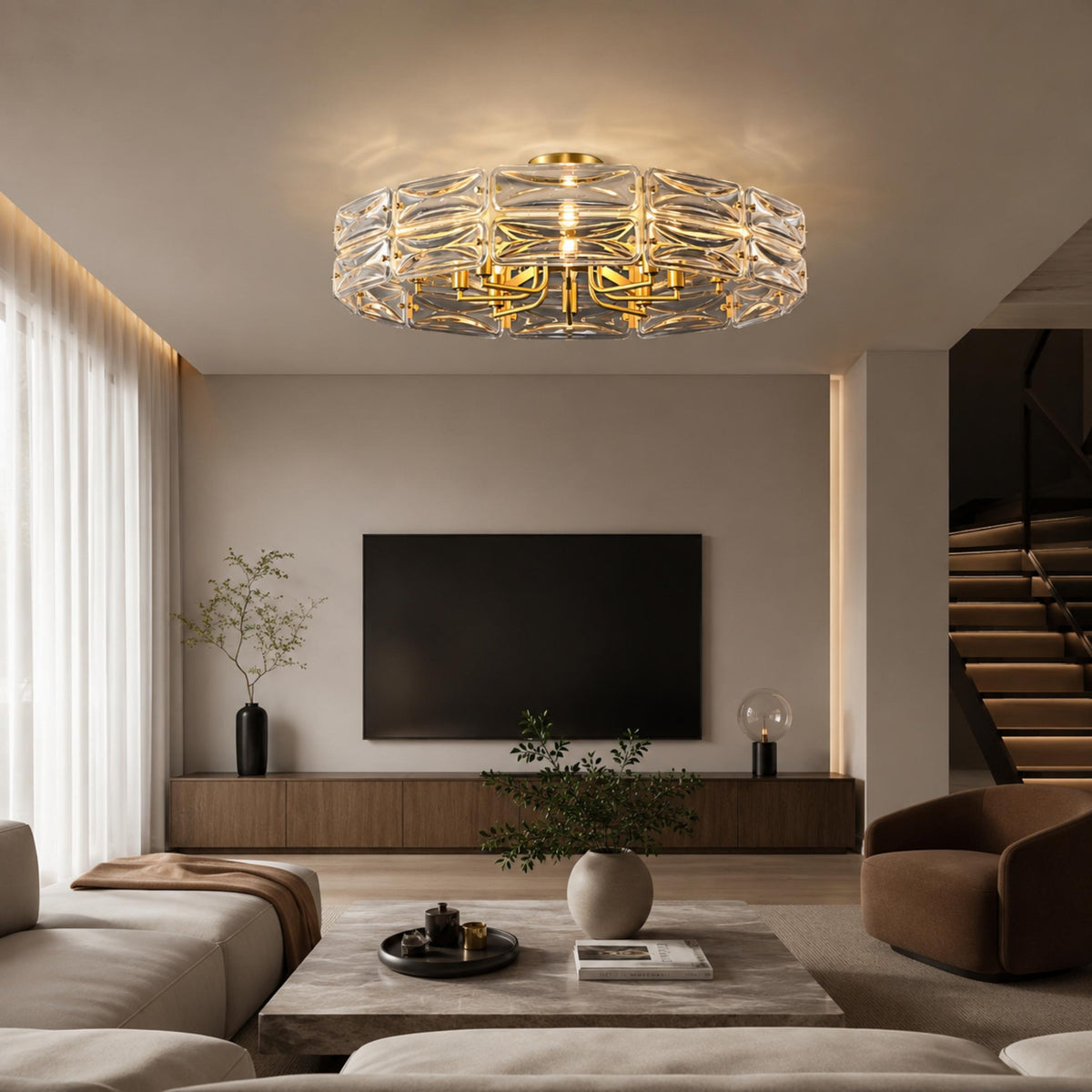 Flush Mount Ceiling Light — Geometric Glass Shade, Copper Frame, Modern Ambient Lighting