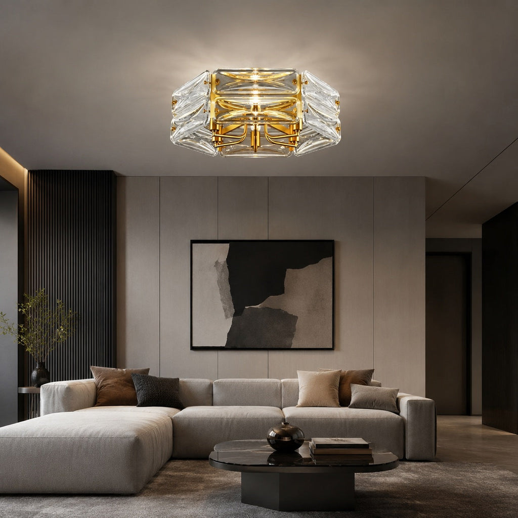 Flush Mount Ceiling Light — Geometric Glass Shade, Copper Frame, Modern Ambient Lighting