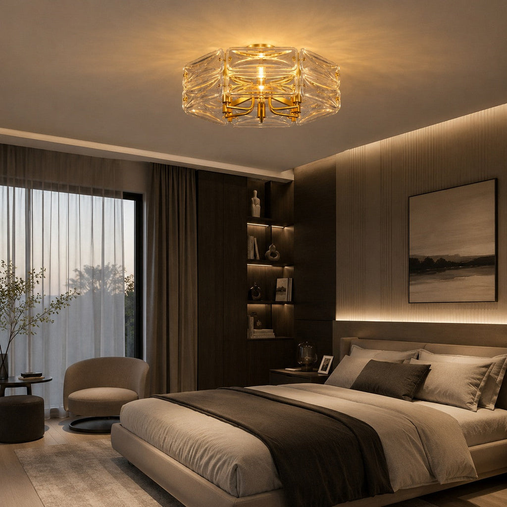 Flush Mount Ceiling Light — Geometric Glass Shade, Copper Frame, Modern Ambient Lighting