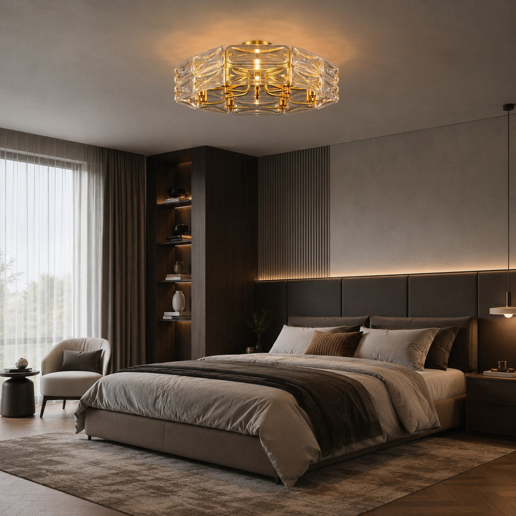 Flush Mount Ceiling Light — Geometric Glass Shade, Copper Frame, Modern Ambient Lighting