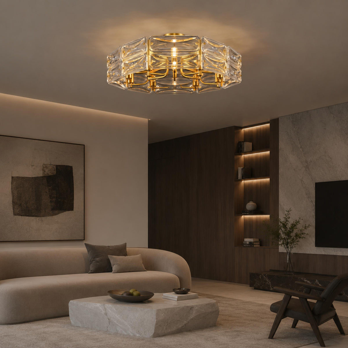 Flush Mount Ceiling Light — Geometric Glass Shade, Copper Frame, Modern Ambient Lighting