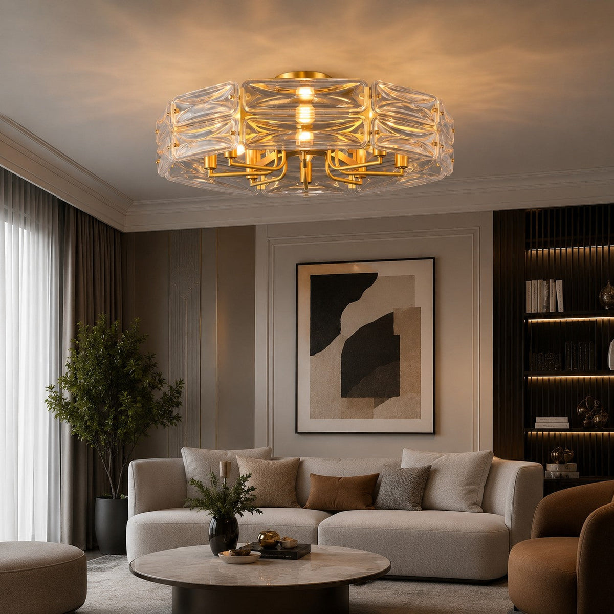 Flush Mount Ceiling Light — Geometric Glass Shade, Copper Frame, Modern Ambient Lighting
