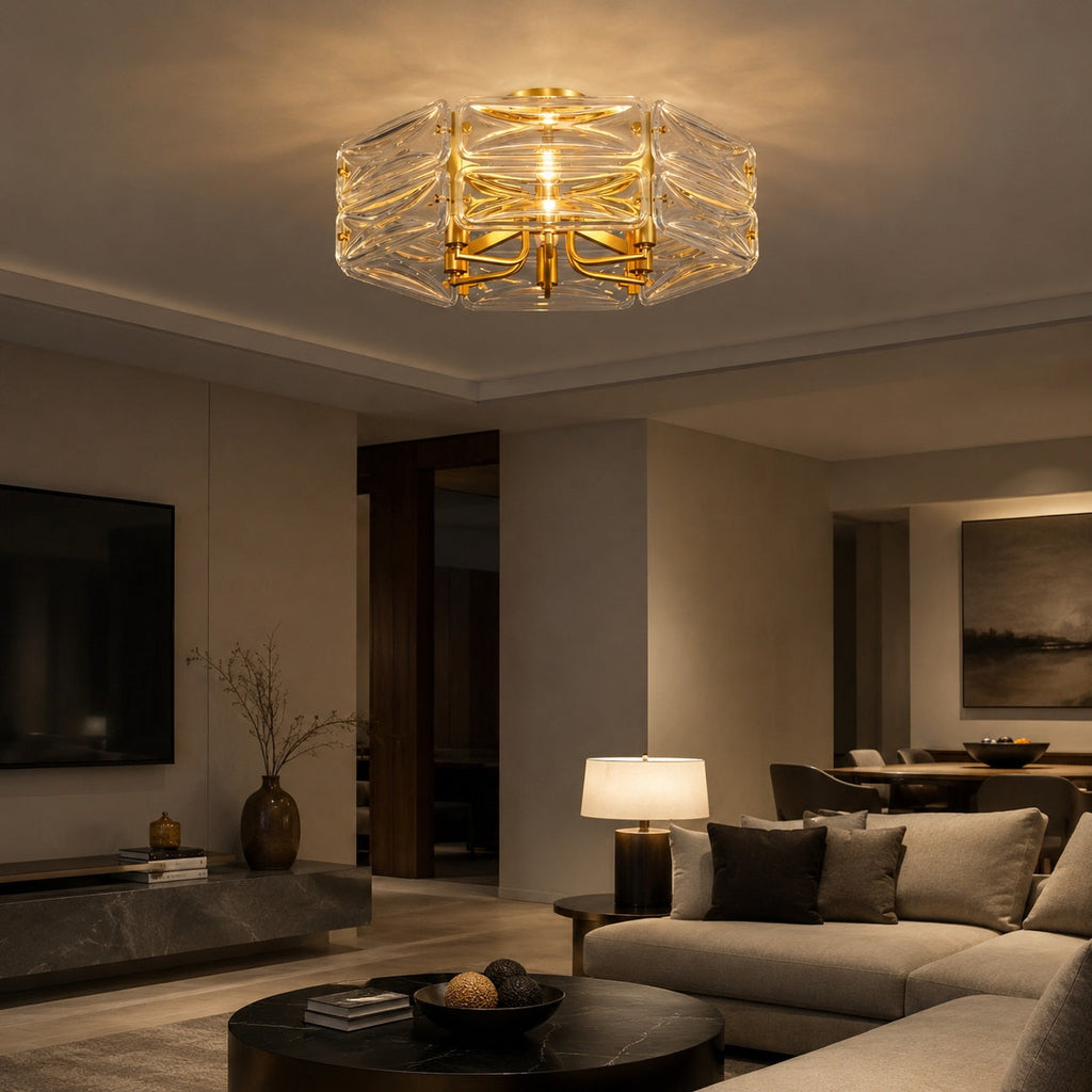 Flush Mount Ceiling Light — Geometric Glass Shade, Copper Frame, Modern Ambient Lighting