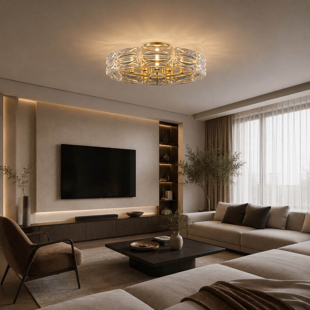 Flush Mount Ceiling Light — Geometric Glass Shade, Copper Frame, Modern Ambient Lighting