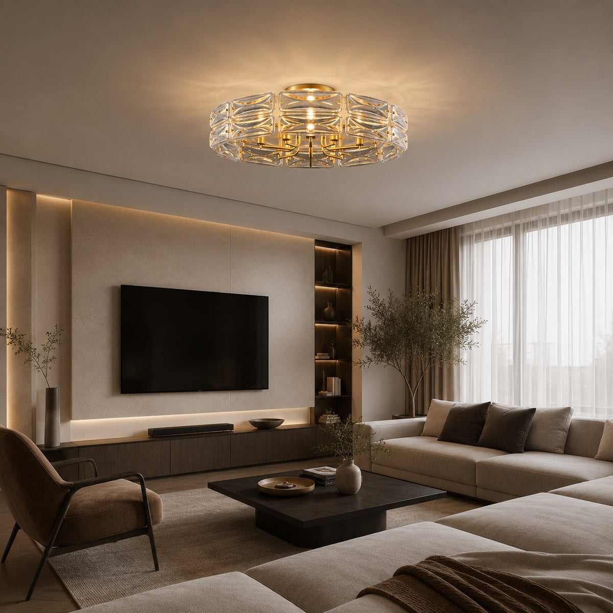 Flush Mount Ceiling Light — Geometric Glass Shade, Copper Frame, Modern Ambient Lighting