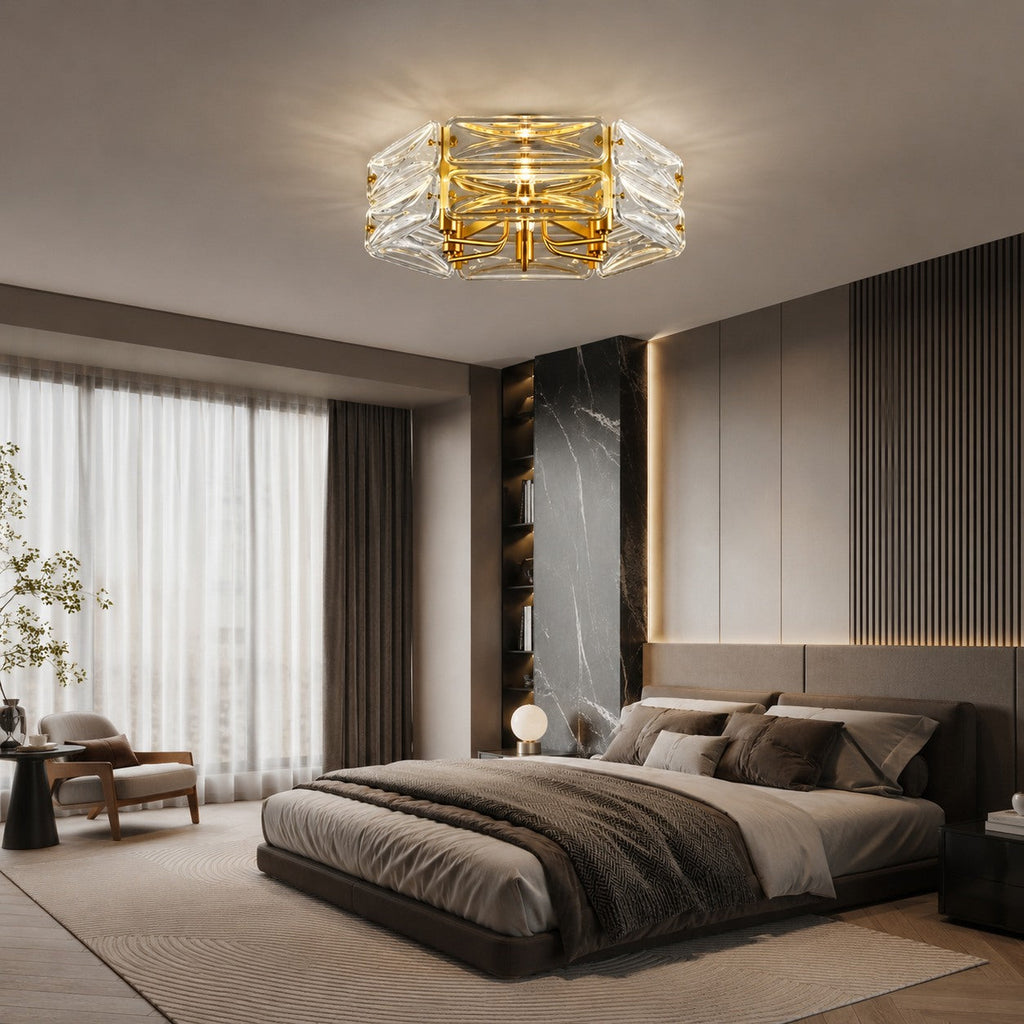 Flush Mount Ceiling Light — Geometric Glass Shade, Copper Frame, Modern Ambient Lighting
