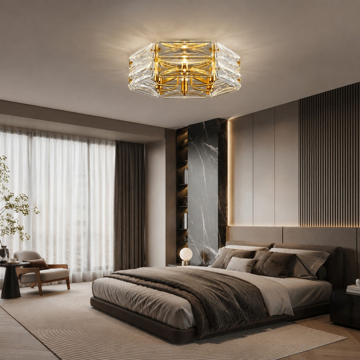 Flush Mount Ceiling Light — Geometric Glass Shade, Copper Frame, Modern Ambient Lighting