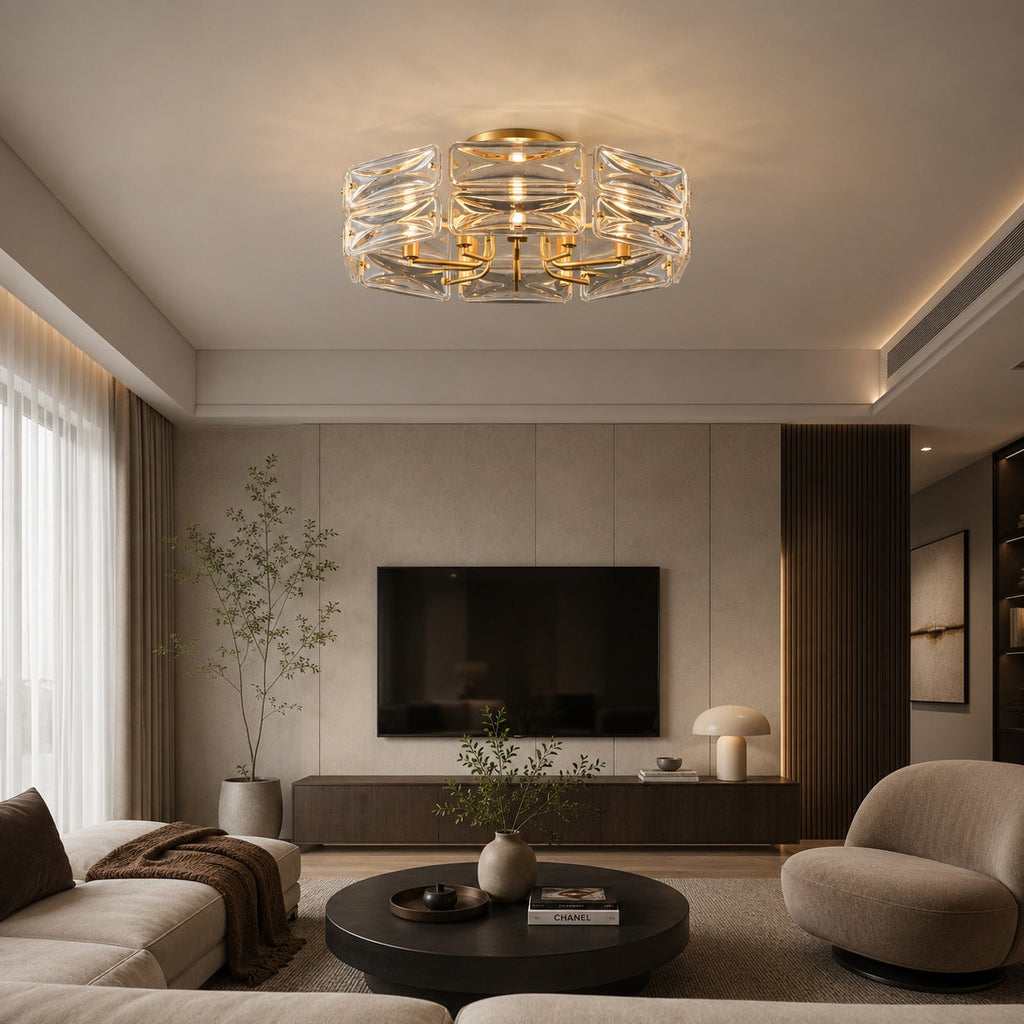 Flush Mount Ceiling Light — Geometric Glass Shade, Copper Frame, Modern Ambient Lighting