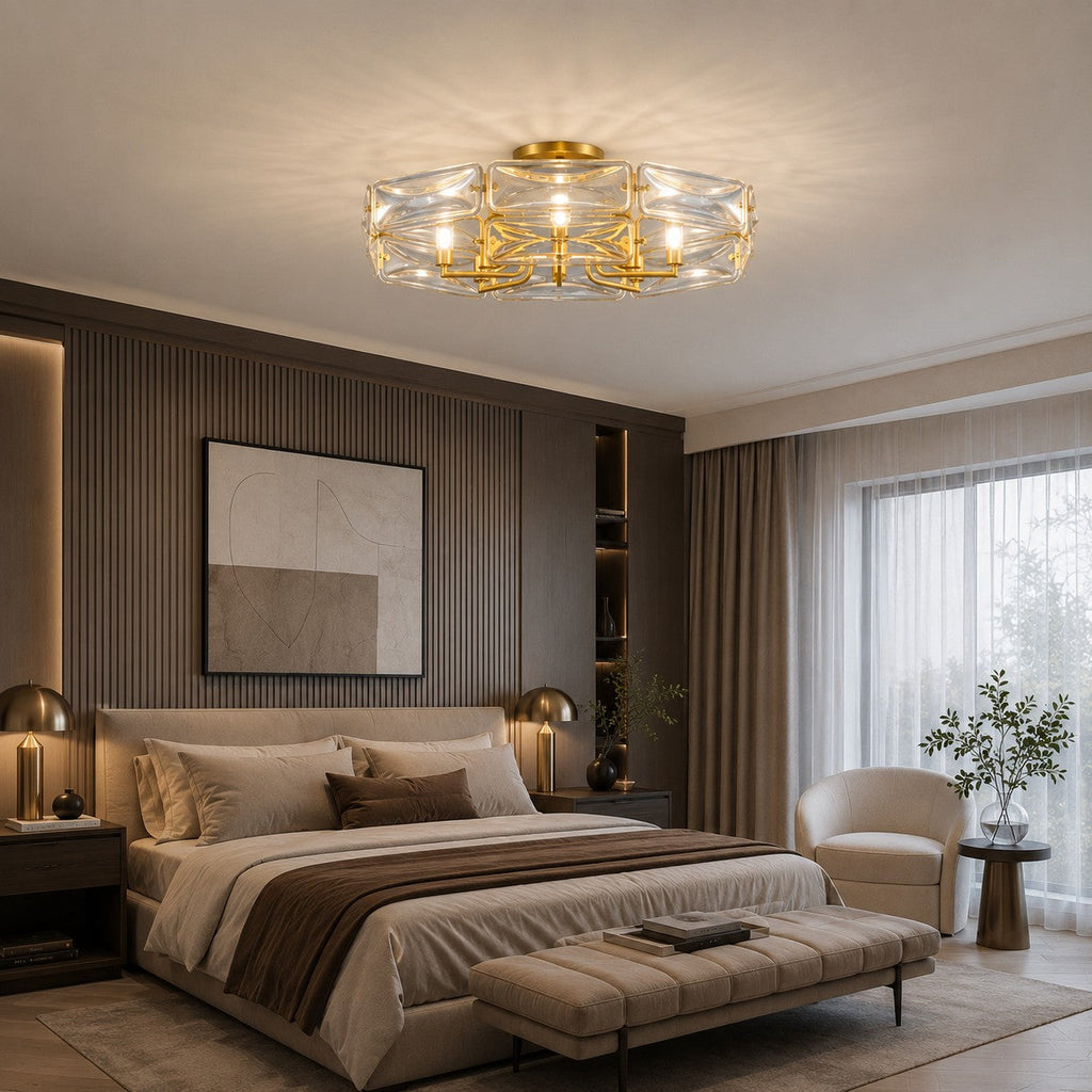 Flush Mount Ceiling Light — Geometric Glass Shade, Copper Frame, Modern Ambient Lighting