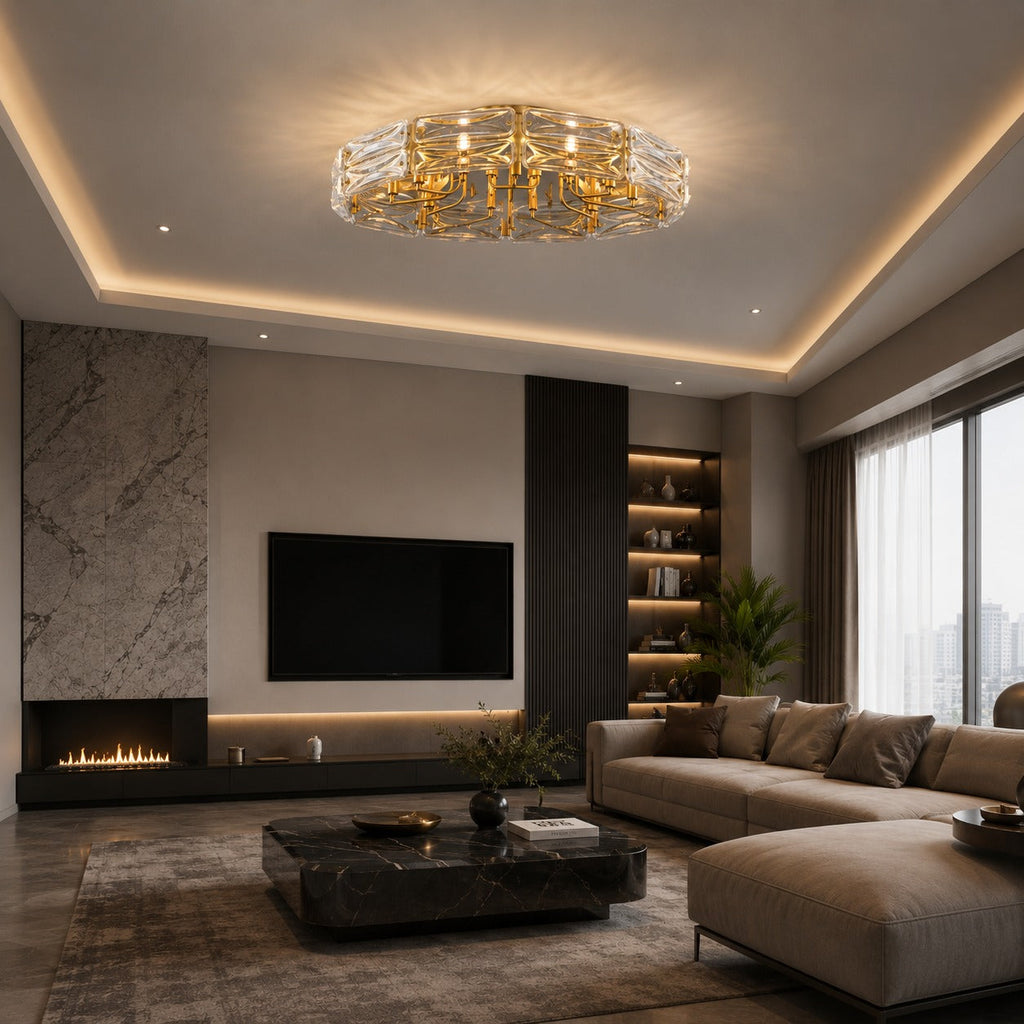 Flush Mount Ceiling Light — Geometric Glass Shade, Copper Frame, Modern Ambient Lighting