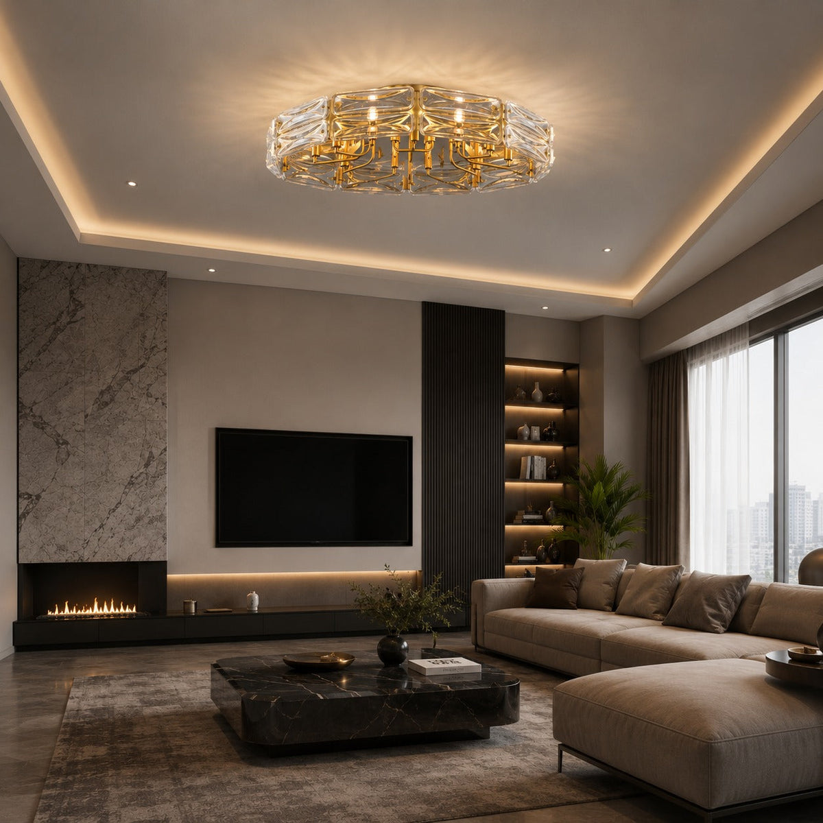 Flush Mount Ceiling Light — Geometric Glass Shade, Copper Frame, Modern Ambient Lighting