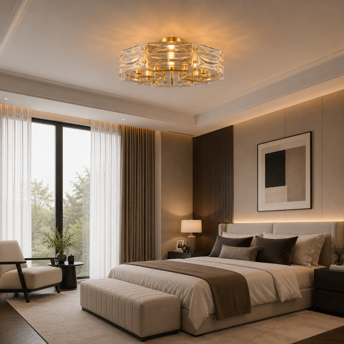 Flush Mount Ceiling Light — Geometric Glass Shade, Copper Frame, Modern Ambient Lighting