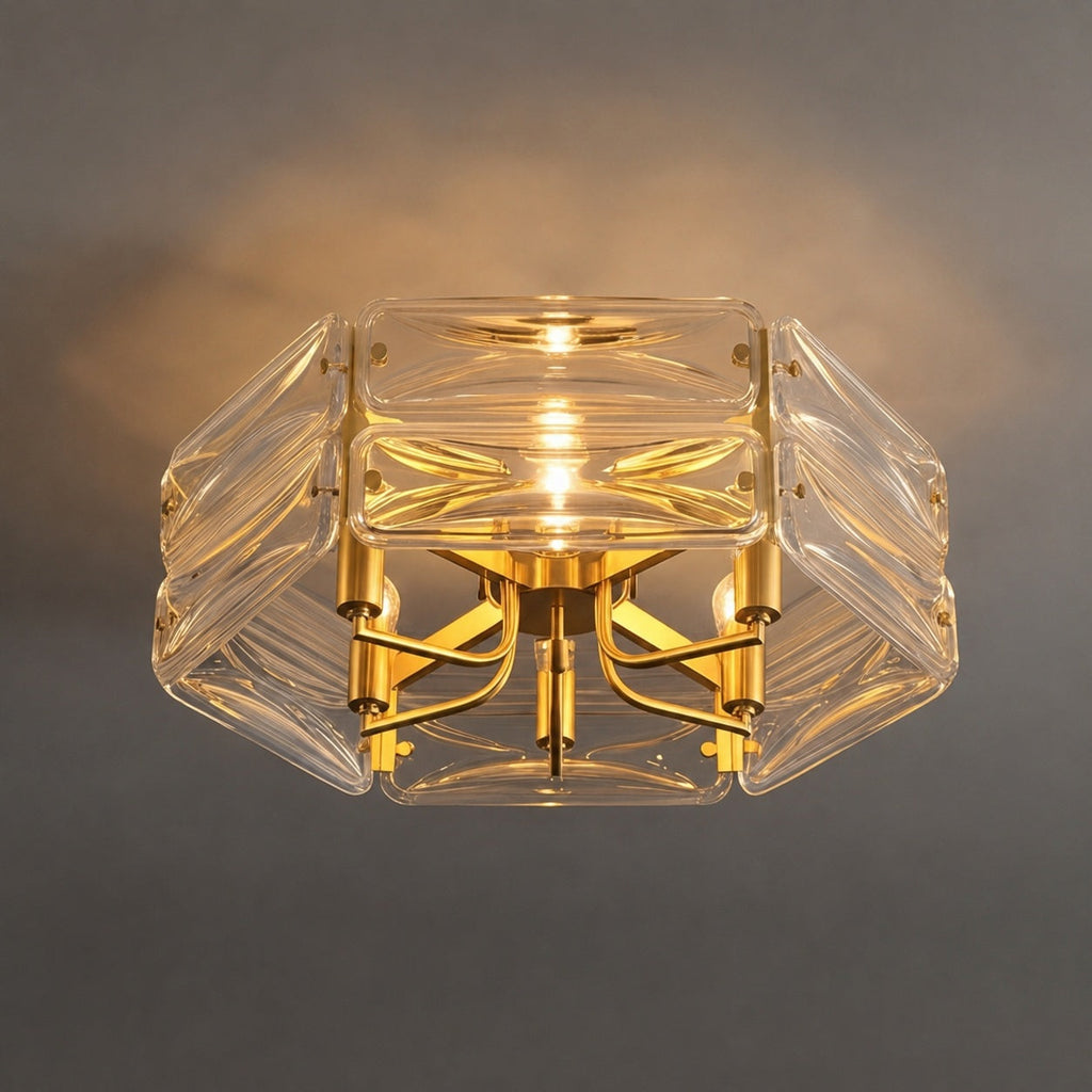 Flush Mount Ceiling Light — Geometric Glass Shade, Copper Frame, Modern Ambient Lighting