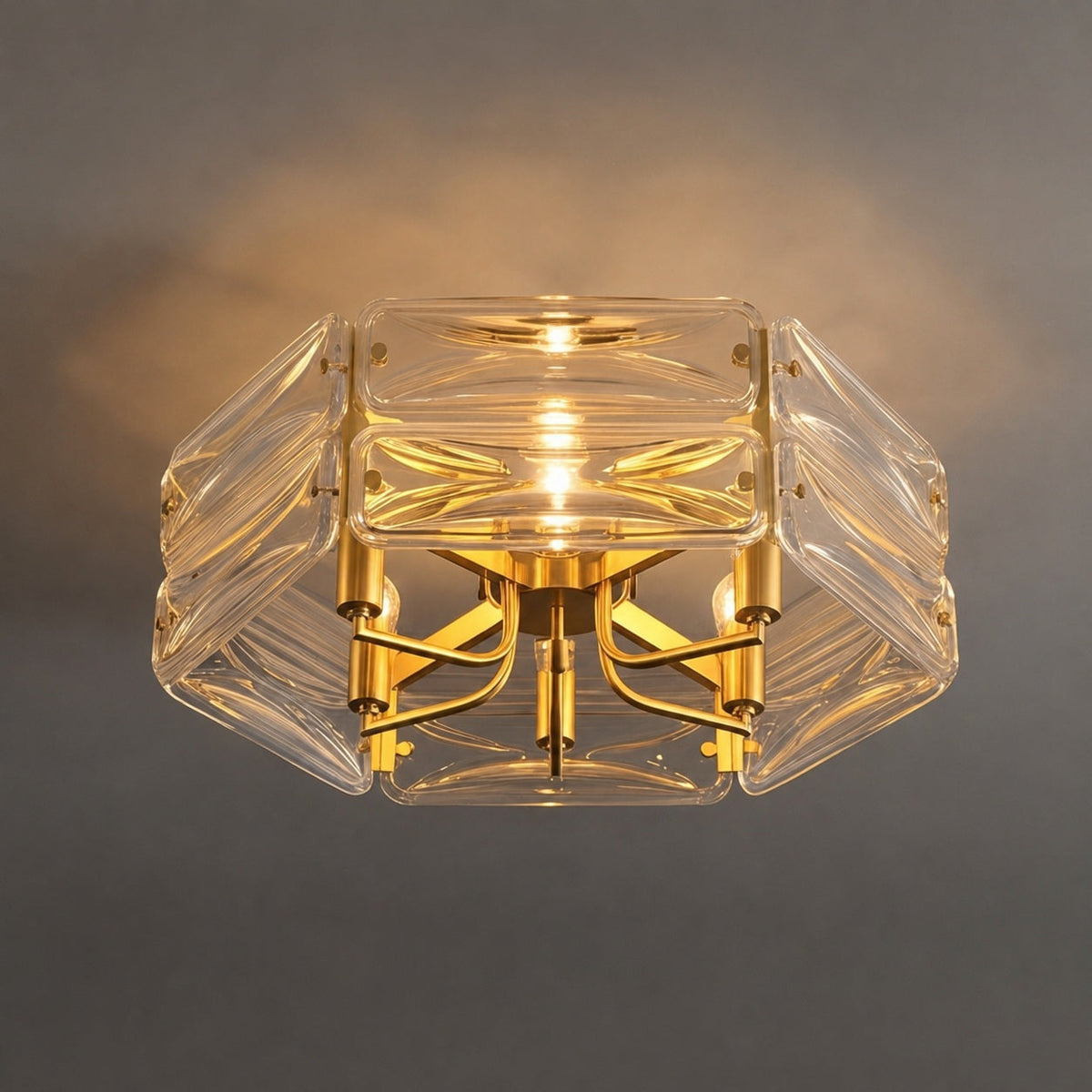 Flush Mount Ceiling Light — Geometric Glass Shade, Copper Frame, Modern Ambient Lighting