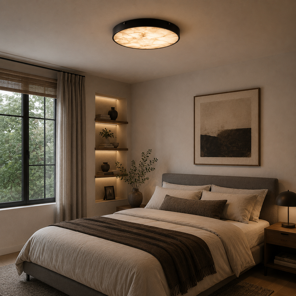 Modern Round Flush Mount Ceiling Light — Copper Iron and Marble Diffuser