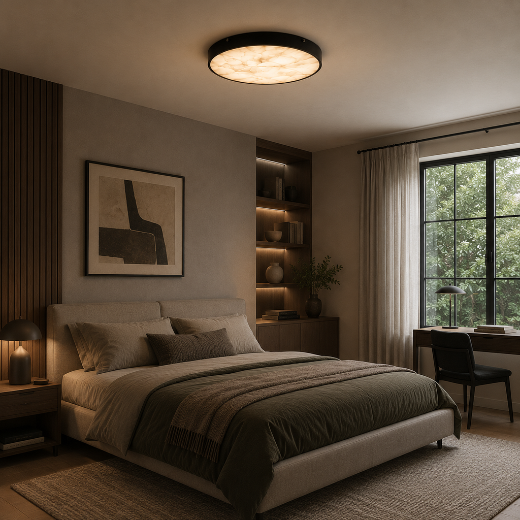 Modern Round Flush Mount Ceiling Light — Copper Iron and Marble Diffuser
