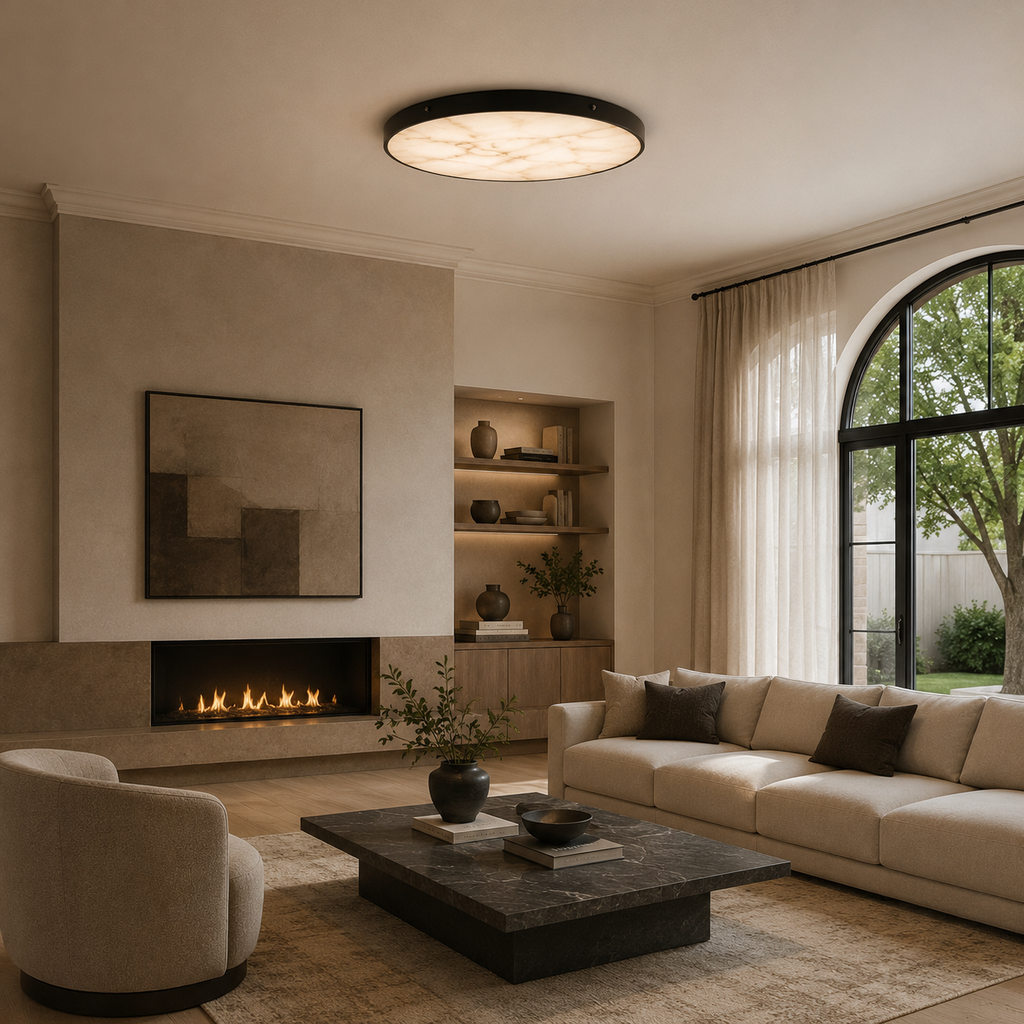 Modern Round Flush Mount Ceiling Light — Copper Iron and Marble Diffuser