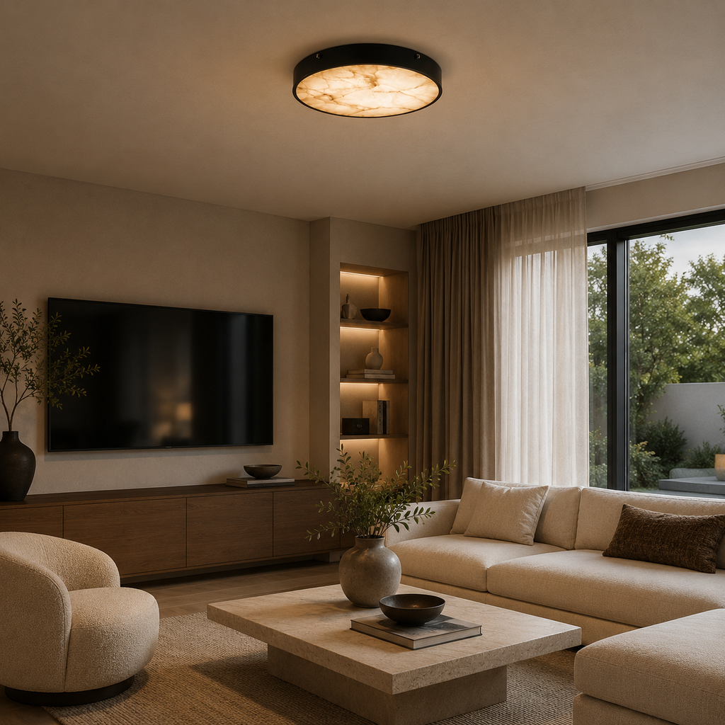 Modern Round Flush Mount Ceiling Light — Copper Iron and Marble Diffuser