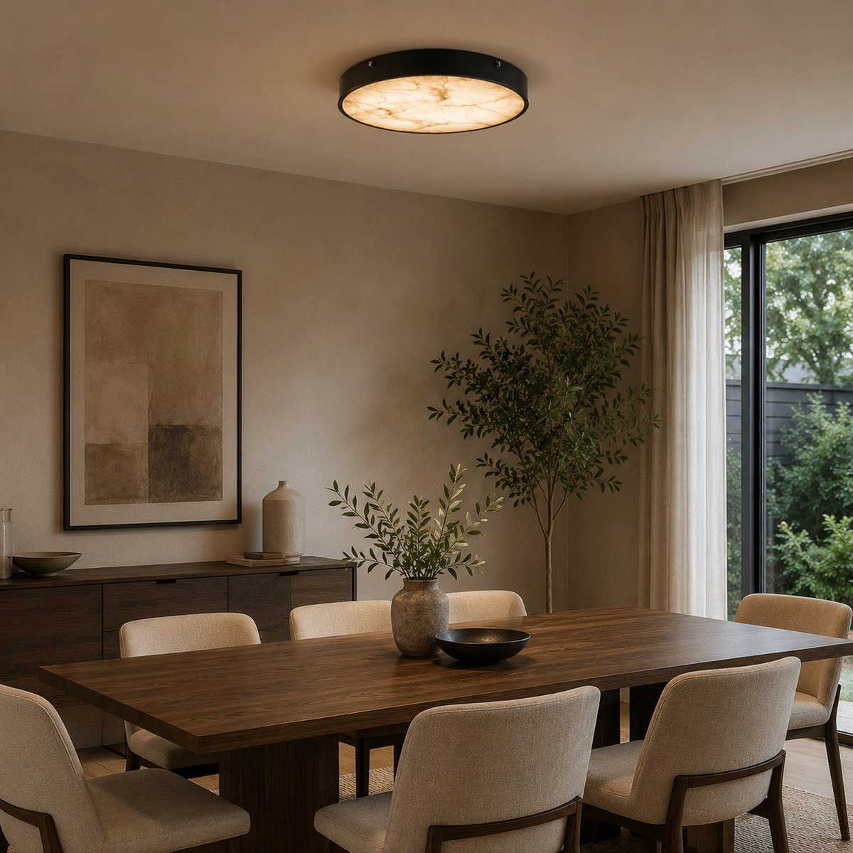 Modern Round Flush Mount Ceiling Light — Copper Iron and Marble Diffuser
