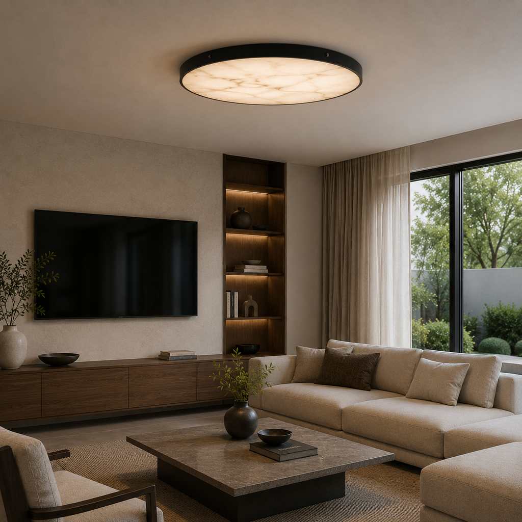 Modern Round Flush Mount Ceiling Light — Copper Iron and Marble Diffuser