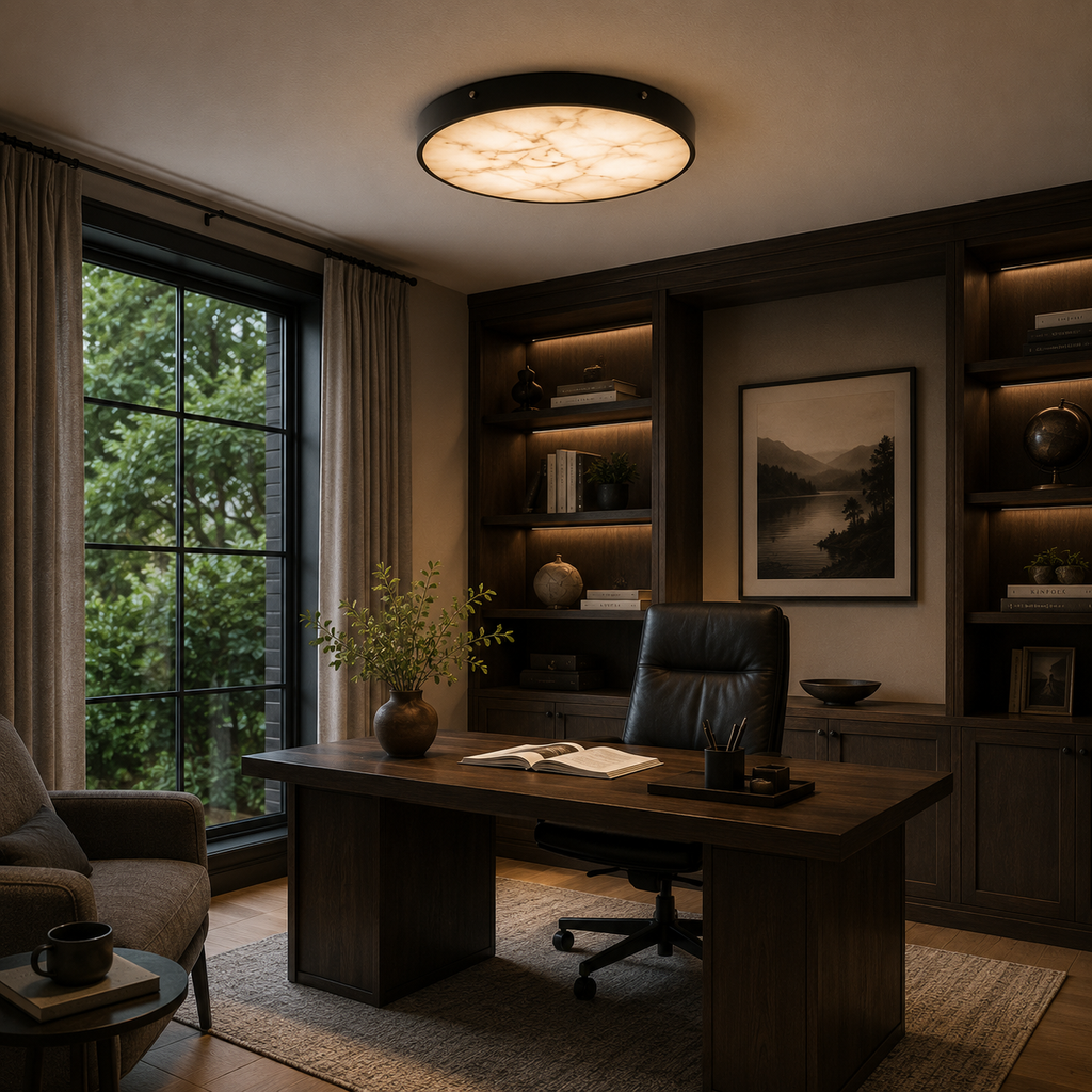 Modern Round Flush Mount Ceiling Light — Copper Iron and Marble Diffuser