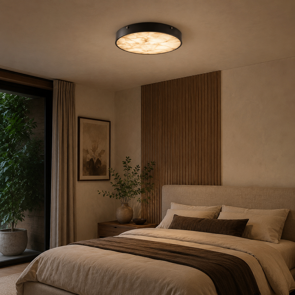 Modern Round Flush Mount Ceiling Light — Copper Iron and Marble Diffuser