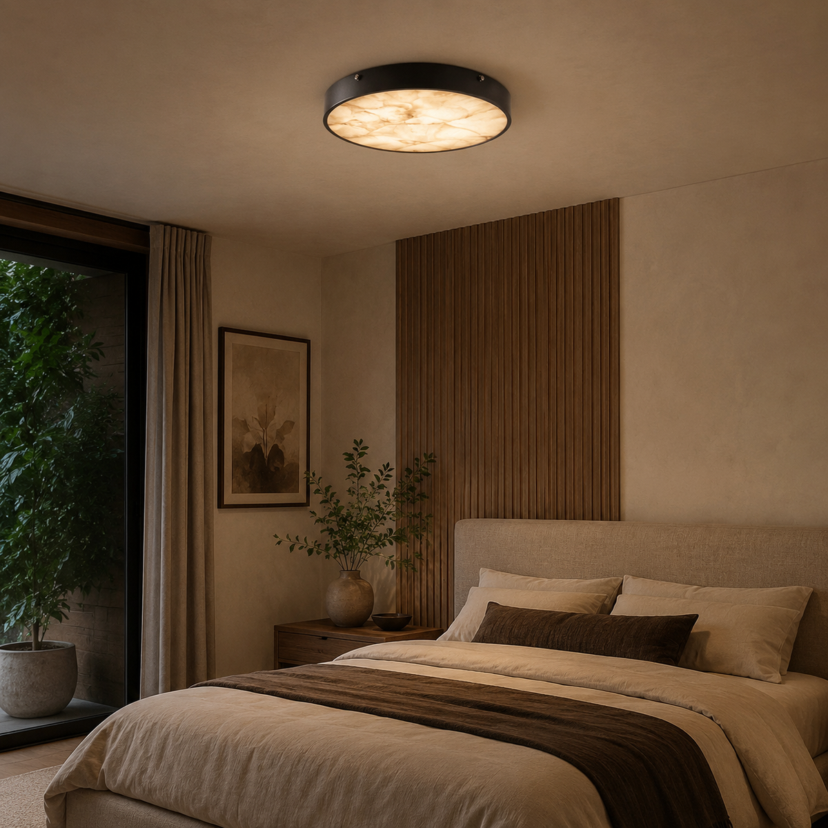 Modern Round Flush Mount Ceiling Light — Copper Iron and Marble Diffuser