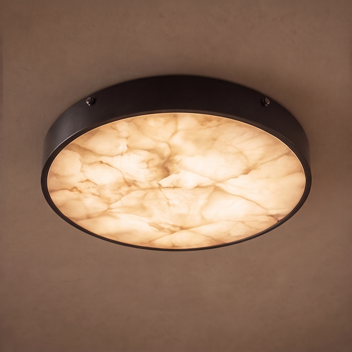 Modern Round Flush Mount Ceiling Light — Copper Iron and Marble Diffuser