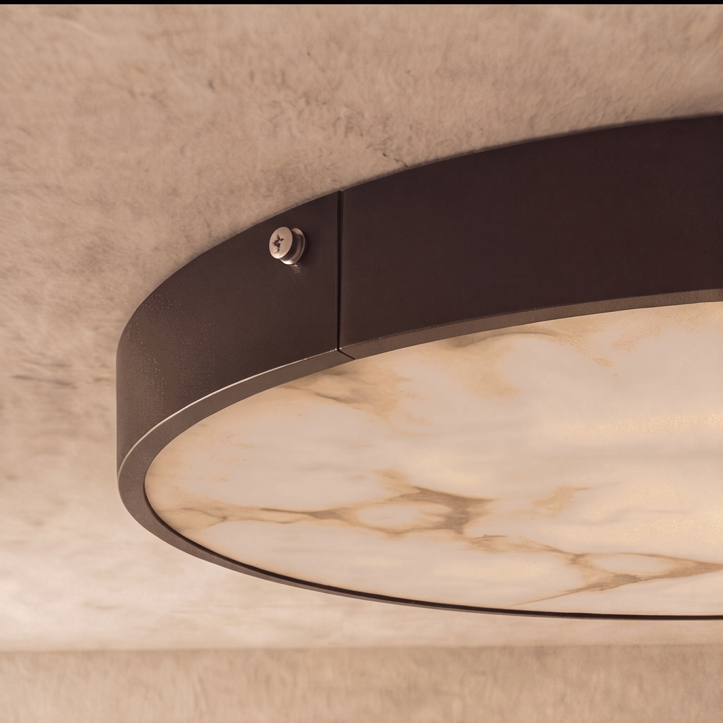 Modern Round Flush Mount Ceiling Light — Copper Iron and Marble Diffuser