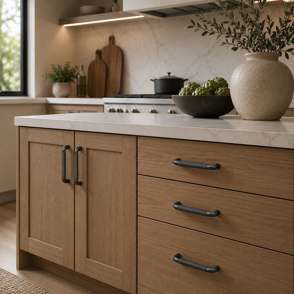 Set med moderna räfflade skåpshandtag och knoppar — slitstarka metallbeslag, texturerad greppdesign