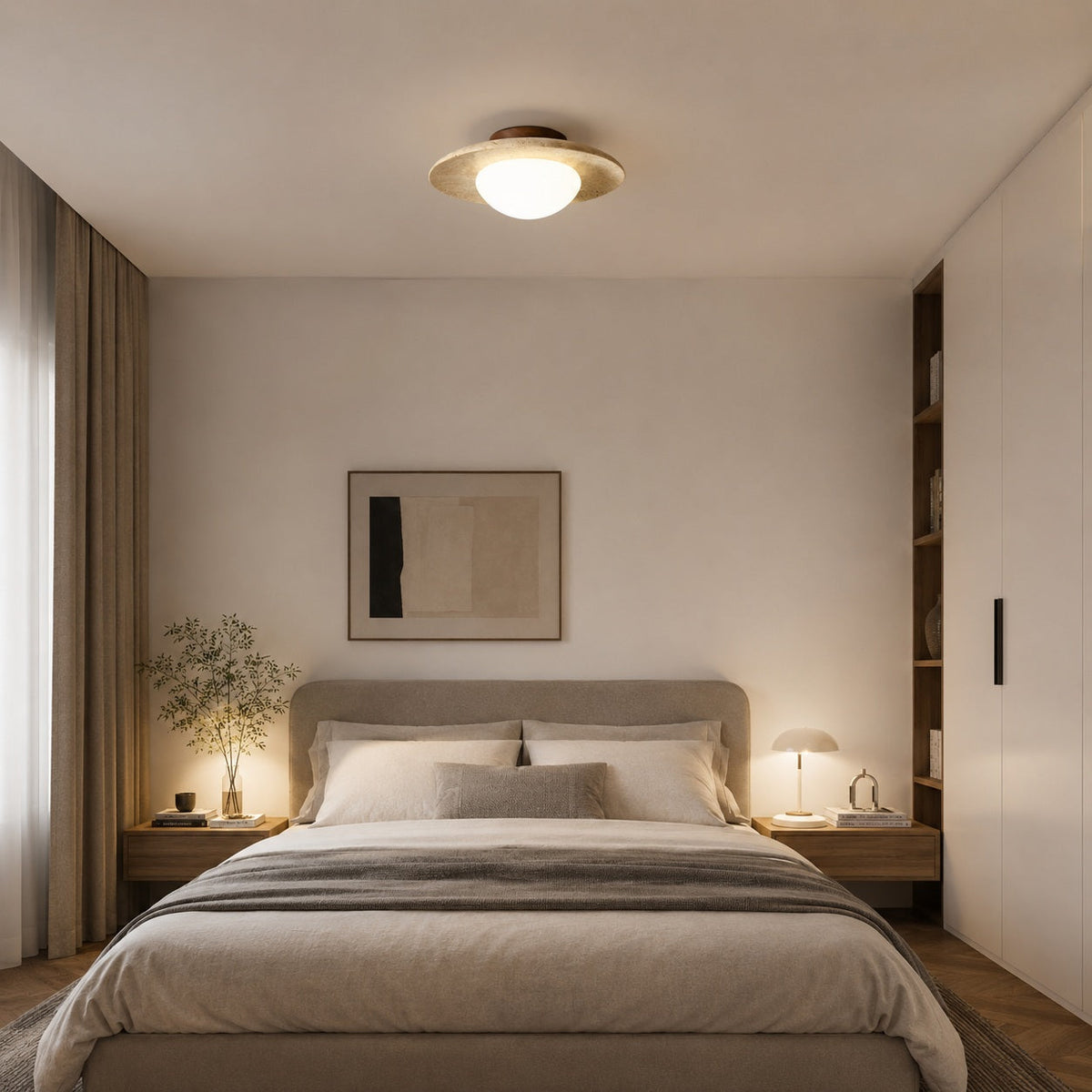 Moderne minimalistisk plan loftslampe med travertinkorpus - LED-skærm i softglas