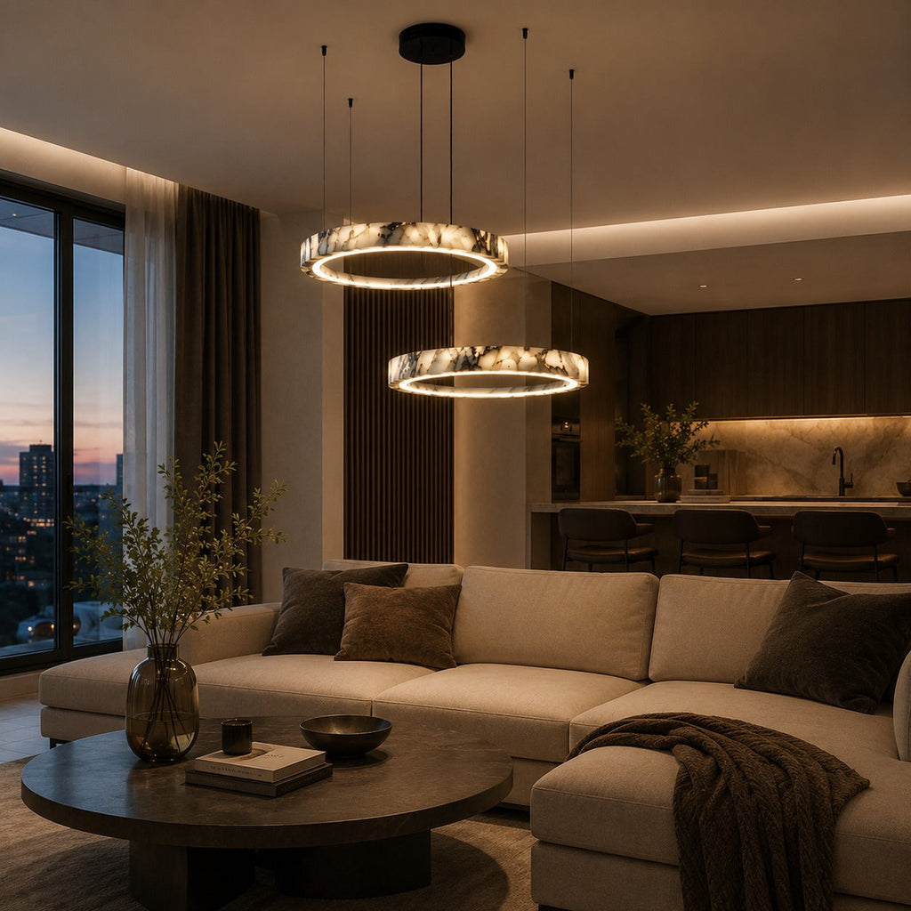 Modern taklampa med flera ringar - justerbar design, ringar i naturmarmor, integrerad LED-belysning