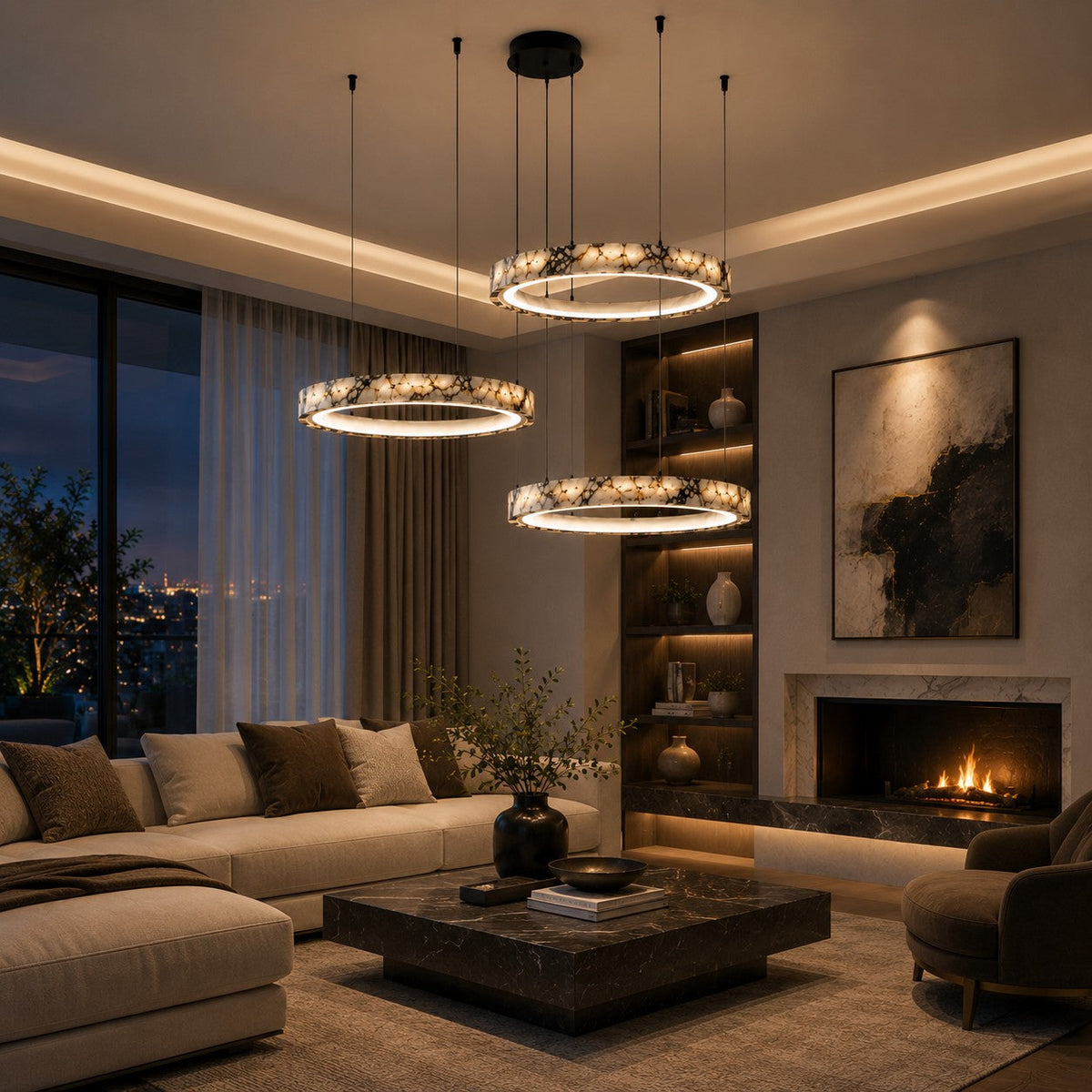 Modern taklampa med flera ringar - justerbar design, ringar i naturmarmor, integrerad LED-belysning