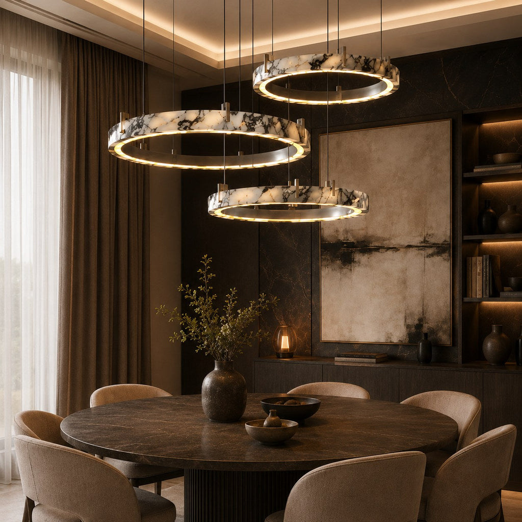 Modern taklampa med flera ringar - justerbar design, ringar i naturmarmor, integrerad LED-belysning