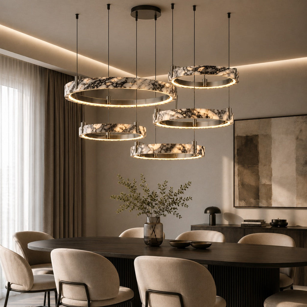 Modern taklampa med flera ringar - justerbar design, ringar i naturmarmor, integrerad LED-belysning