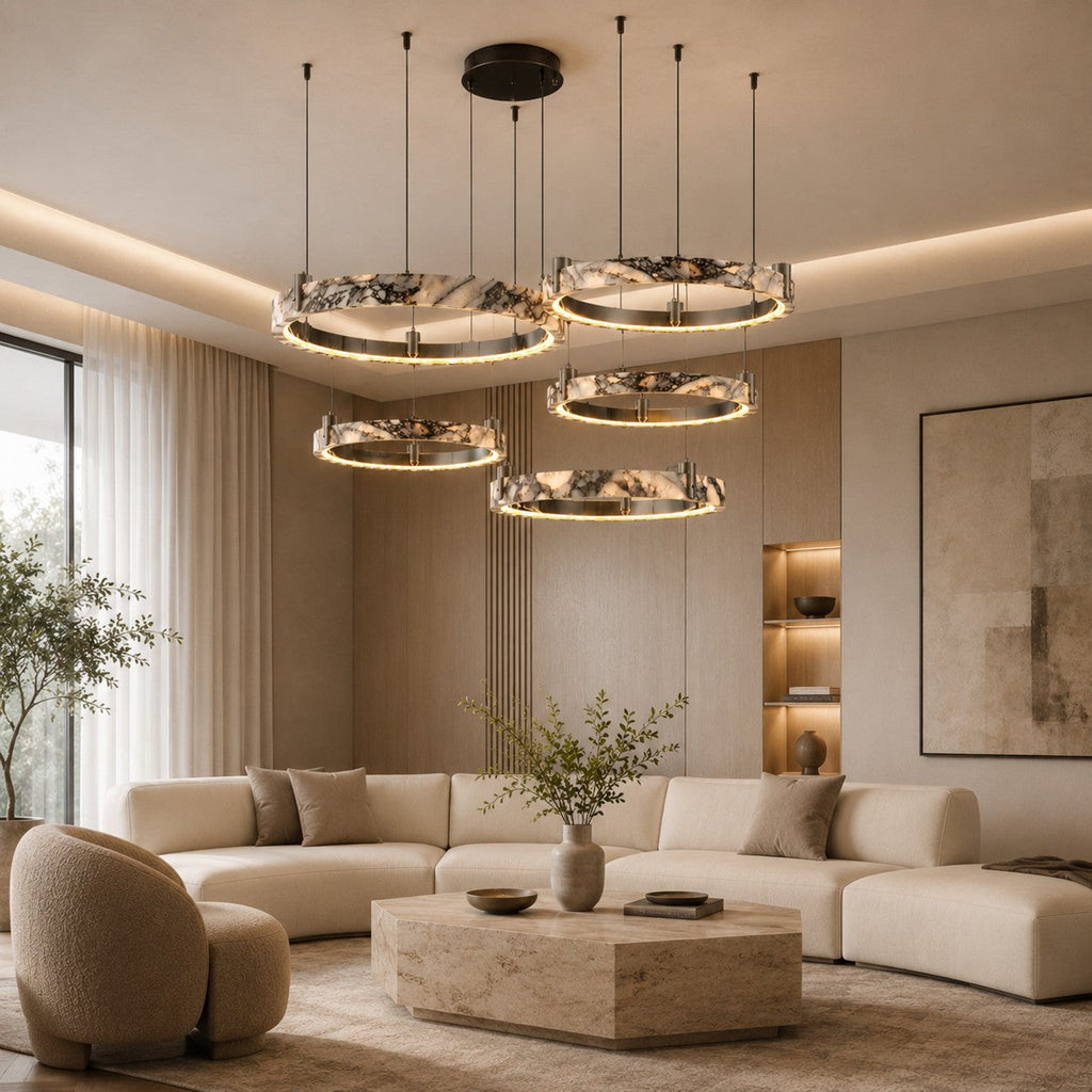 Modern taklampa med flera ringar - justerbar design, ringar i naturmarmor, integrerad LED-belysning