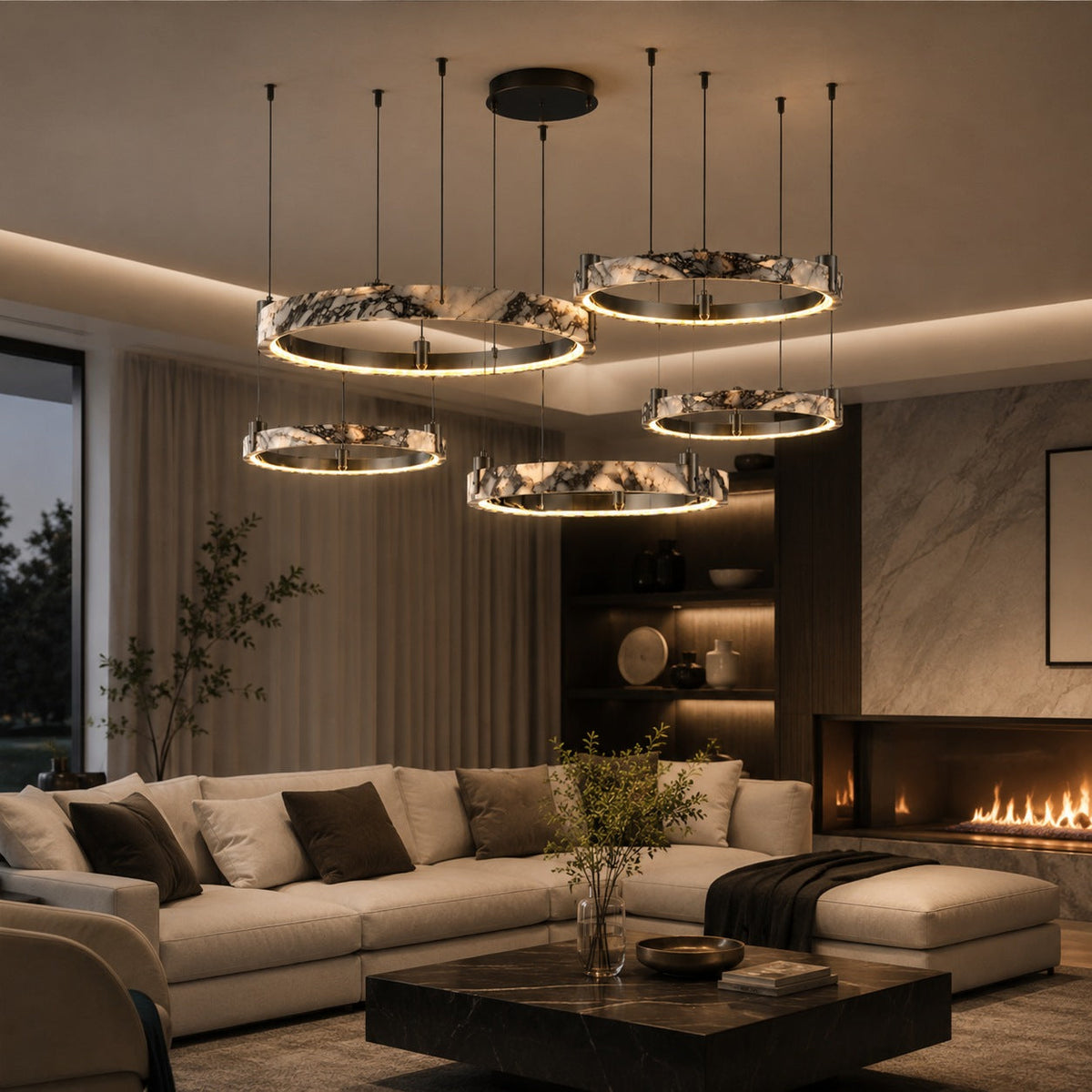 Modern taklampa med flera ringar - justerbar design, ringar i naturmarmor, integrerad LED-belysning
