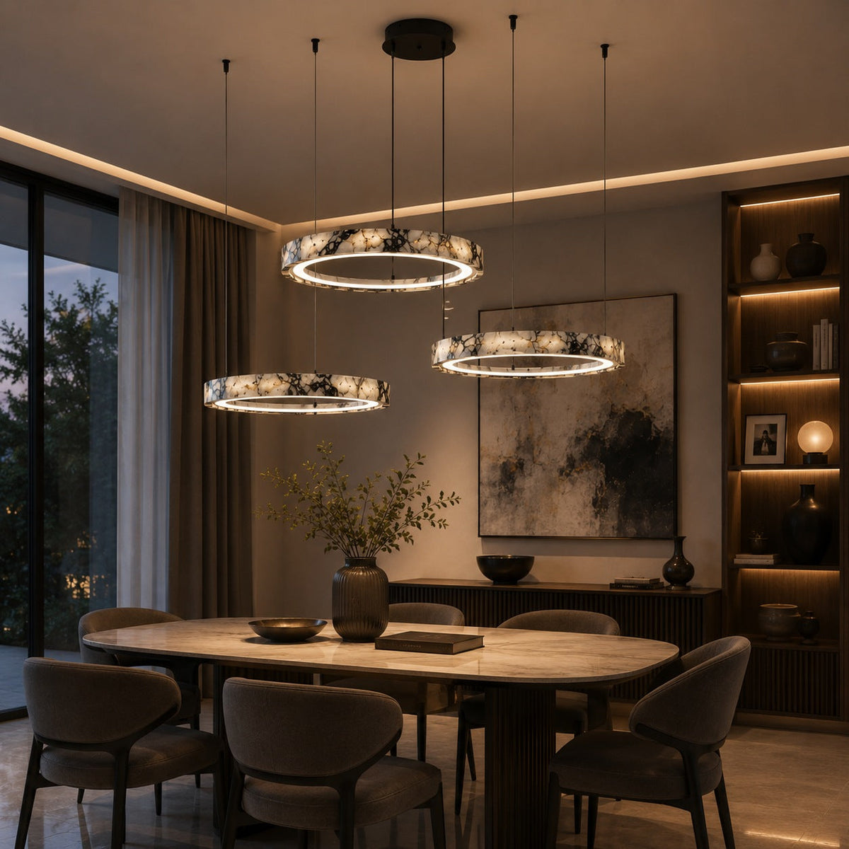 Modern taklampa med flera ringar - justerbar design, ringar i naturmarmor, integrerad LED-belysning