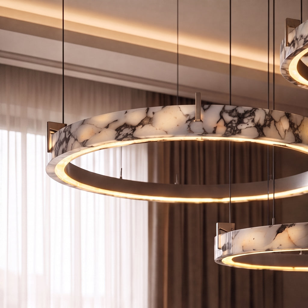 Modern taklampa med flera ringar - justerbar design, ringar i naturmarmor, integrerad LED-belysning