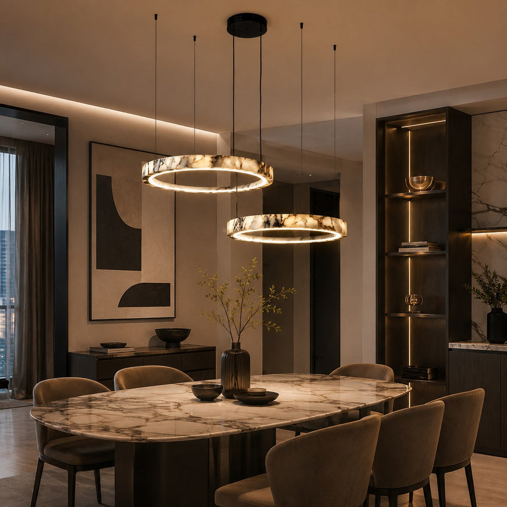 Modern taklampa med flera ringar - justerbar design, ringar i naturmarmor, integrerad LED-belysning