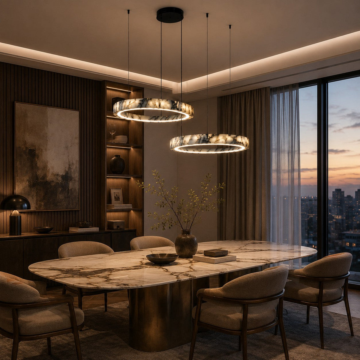Modern taklampa med flera ringar - justerbar design, ringar i naturmarmor, integrerad LED-belysning