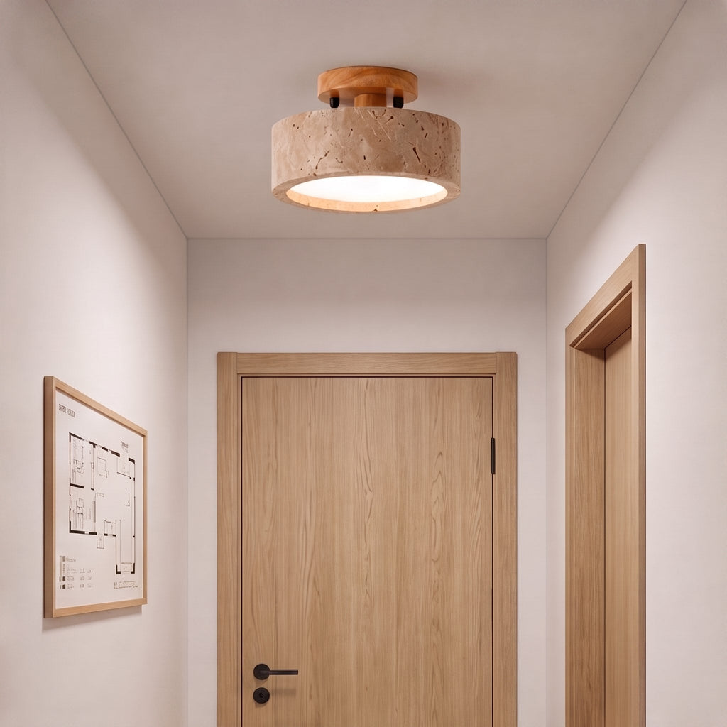 20cm Round Yellow Travertine Flush Mount Ceiling Light — Dimmable LED