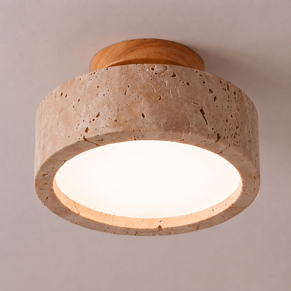 20cm Round Yellow Travertine Flush Mount Ceiling Light — Dimmable LED