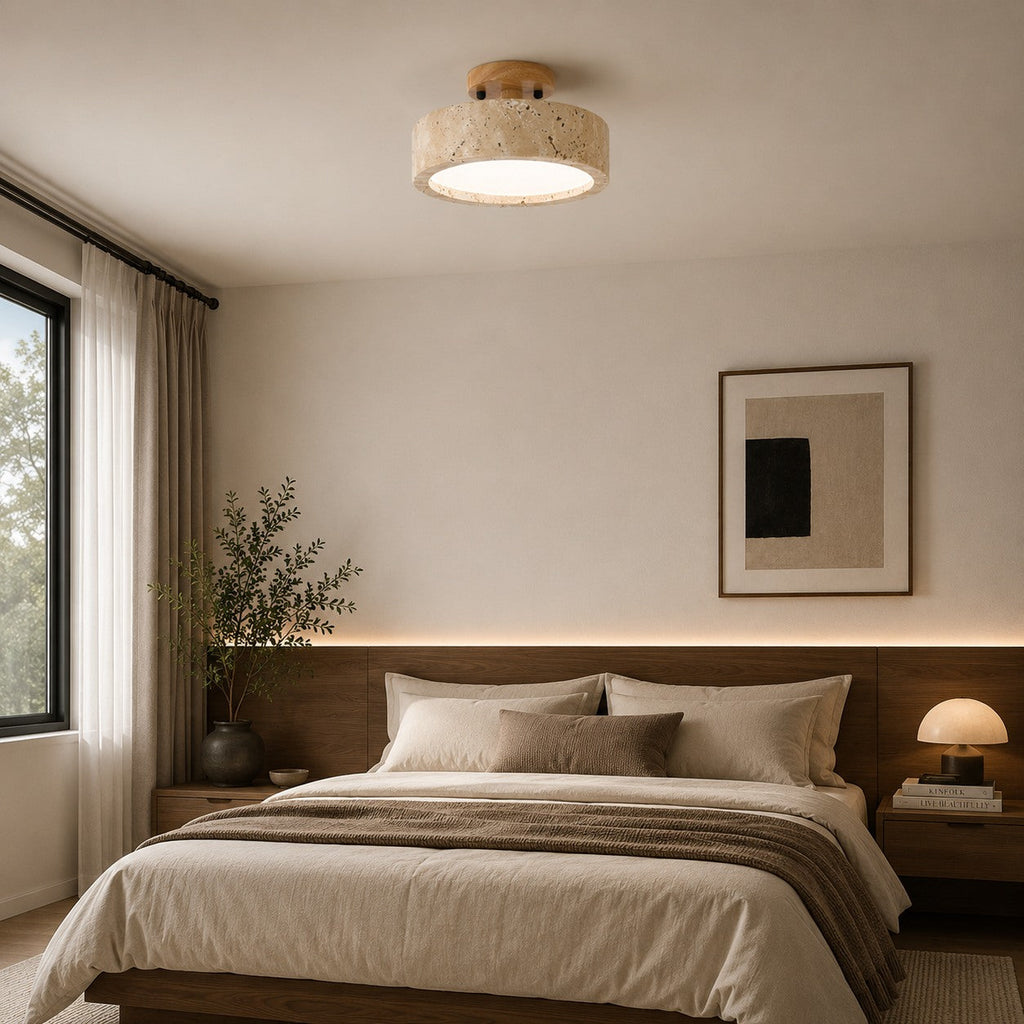 20cm Round Yellow Travertine Flush Mount Ceiling Light — Dimmable LED