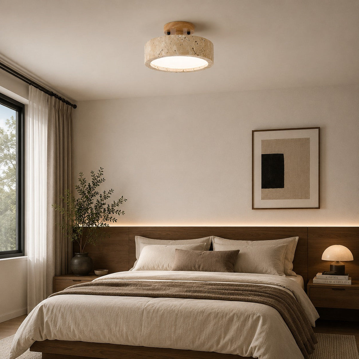 20cm Round Yellow Travertine Flush Mount Ceiling Light — Dimmable LED